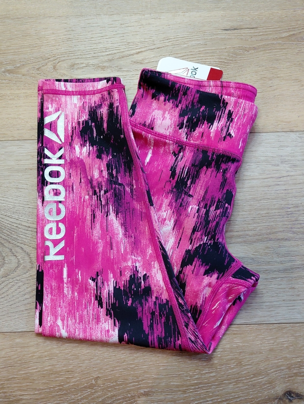 Reebok Hot Pink & Black Abstract Athletic Girl Leggings Sz M (7/8)